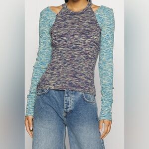 WE THE Free People space dye ribbed long sleeve cut out t-shirt in blue size XS